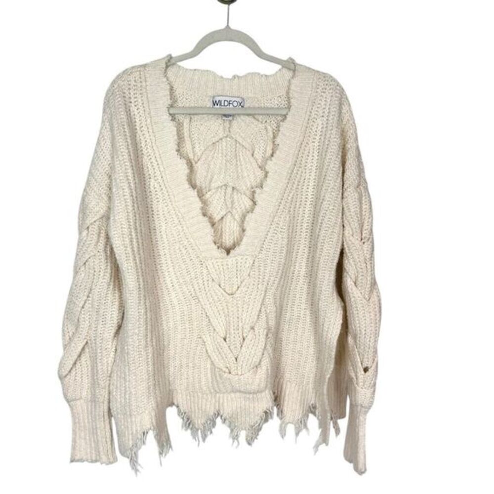 Wildfox Sweater Womens XS White Ivory Knit Braided Distressed Logan Pullover